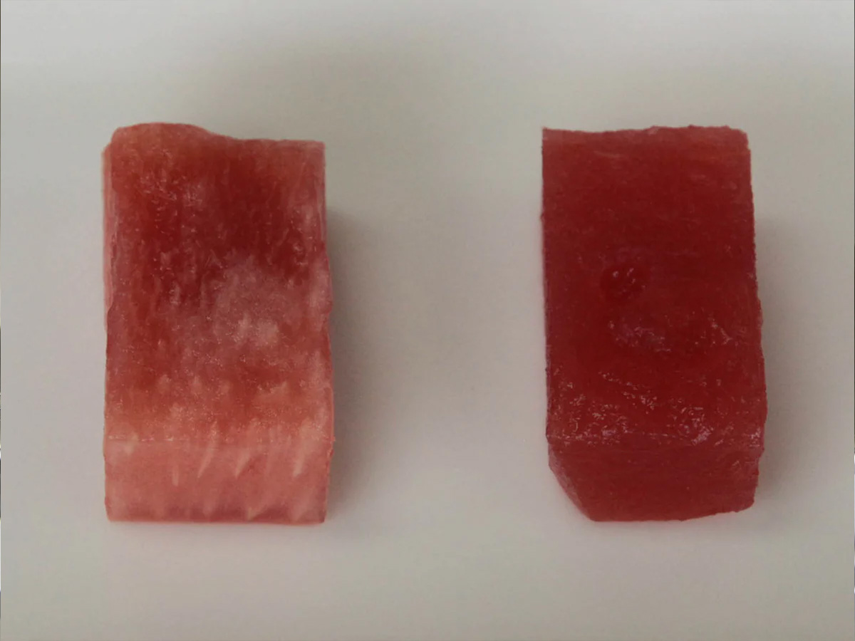 Two pieces of watermelon at different days.