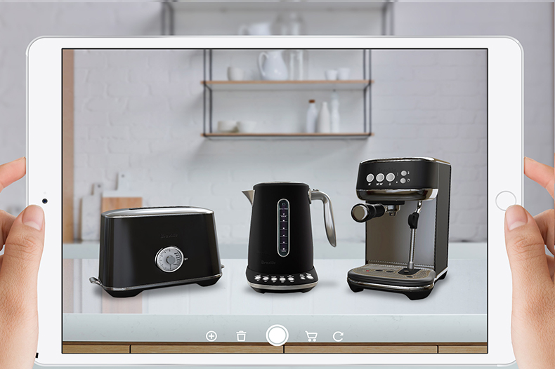 Breville's luxe range products showing as AR images on a tablet device.