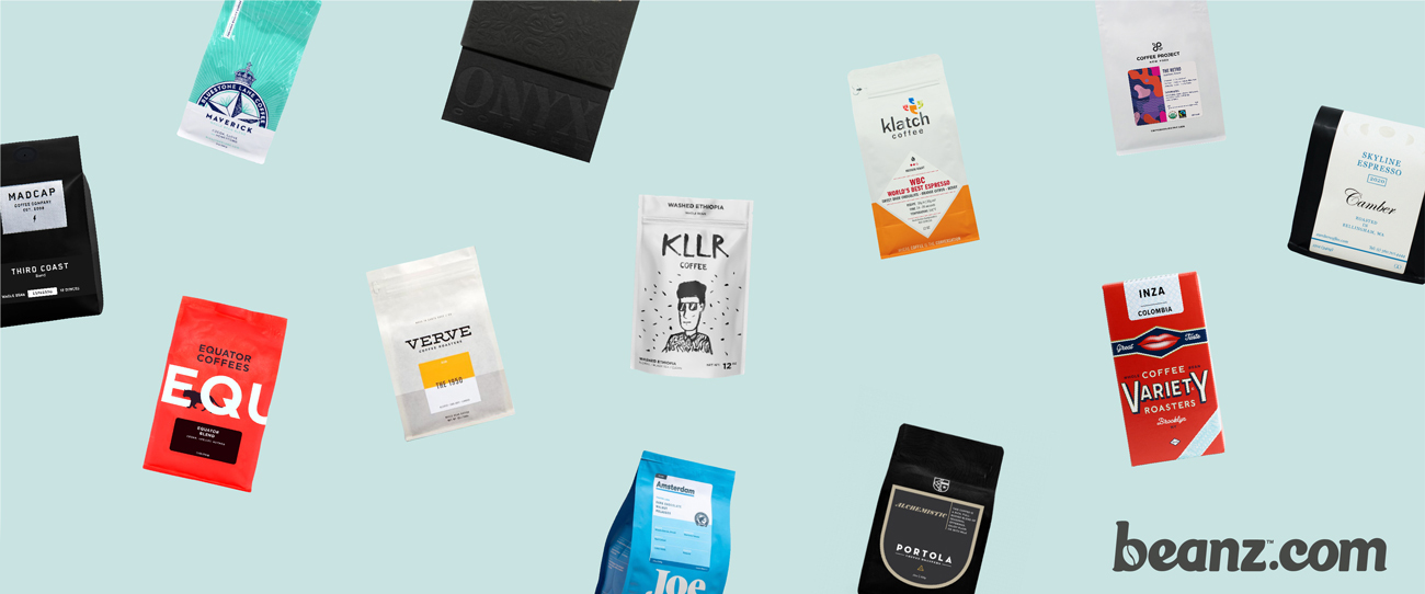 Variety of freshly roasted beans available at Beanz (with a Z) dot com.