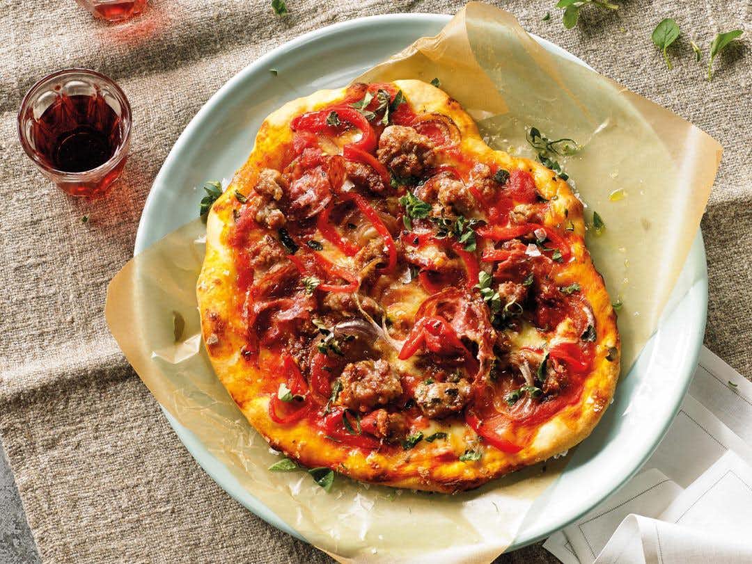 Sausage, Salami and Roasted Red Pepper Pizza