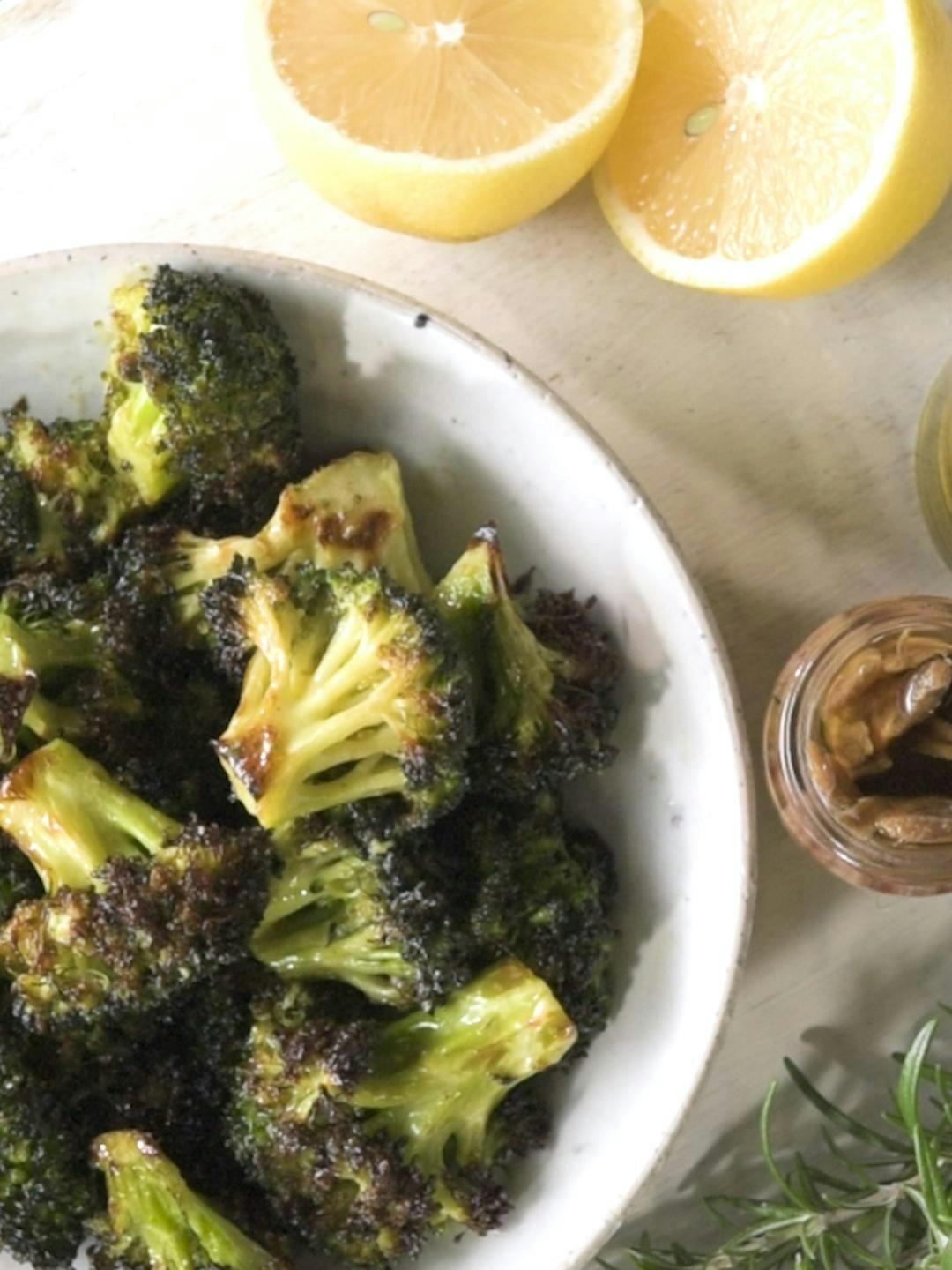 Air-Fried Broccoli with Anchovy and Rosemary Dressing