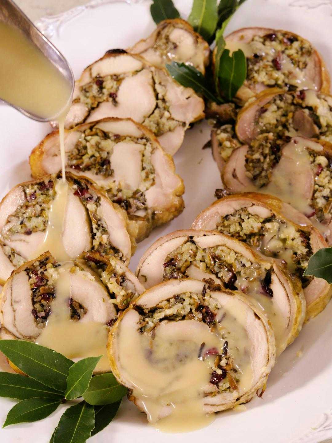 Turkey Roulade with Wild Rice Cranberry Stuffing and Tarragon Gravy