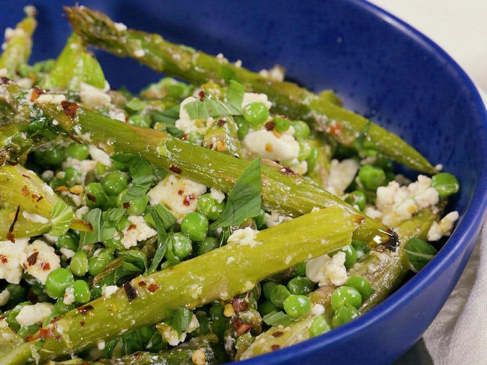 Air-Fried Asparagus and Peas with Feta and Mint 